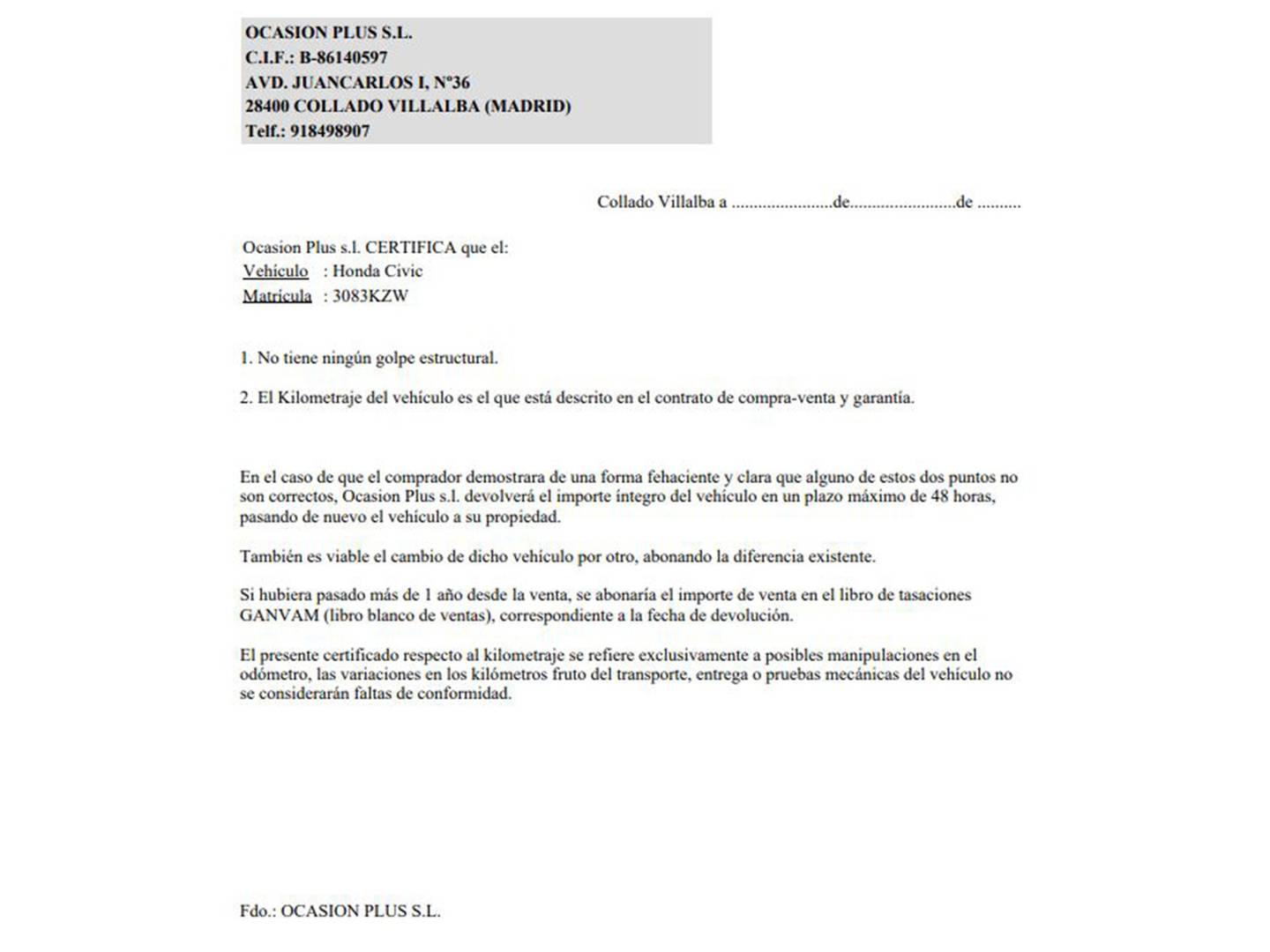 Foto del certificado del Honda Civic Honda Civic 1.0 I-VTEC TURBO DYNAMIC NAV