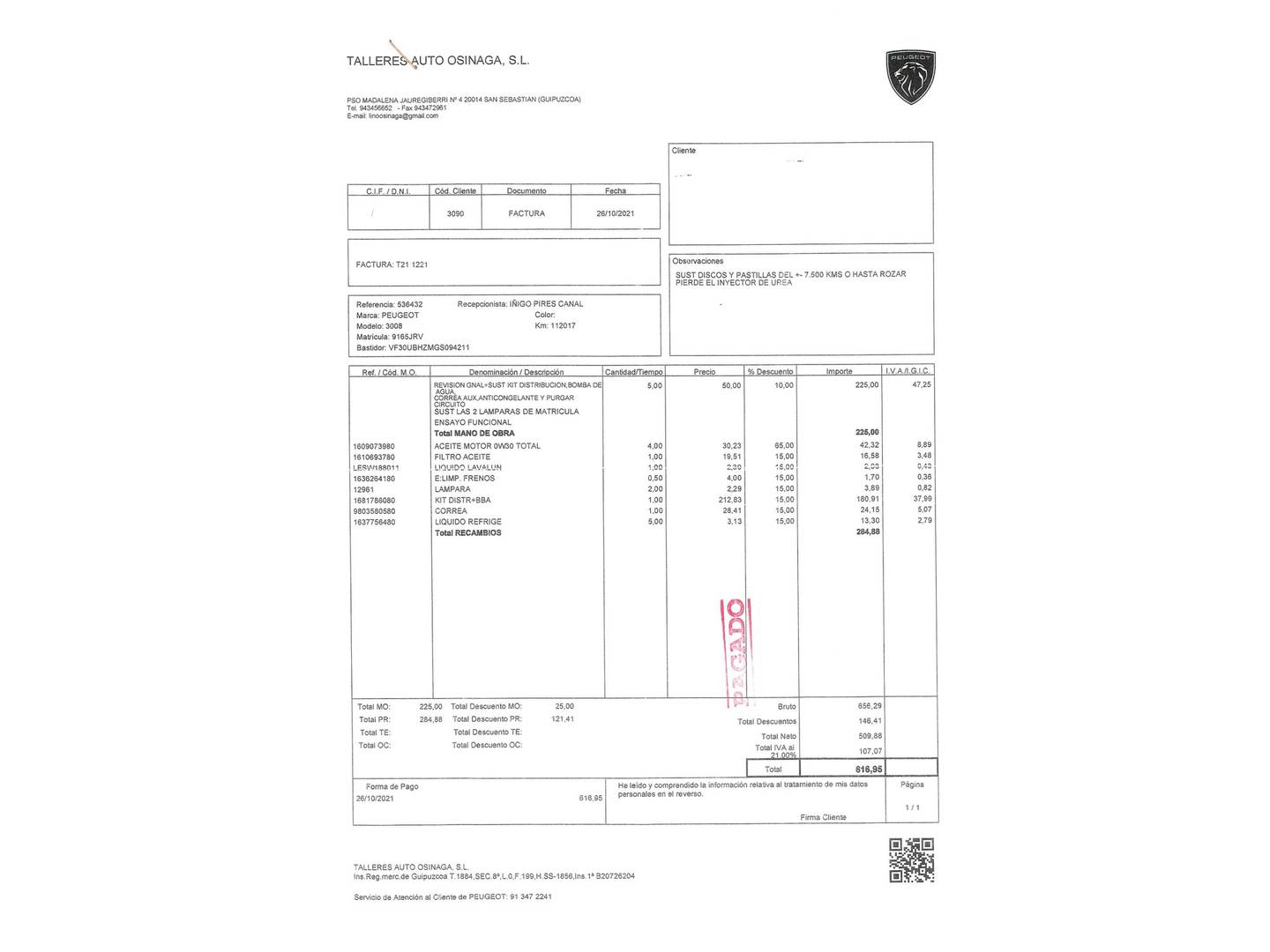 Foto del mantenimiento del Peugeot 3008 Peugeot 3008 1.6 BlueHDI FAP Style (120 CV)