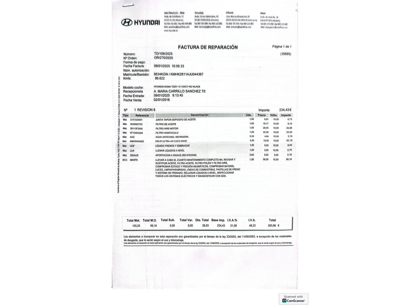 Foto del mantenimiento del Hyundai Kona Hyundai Kona 1.0 TGDI Klass 4x2 (120 CV)