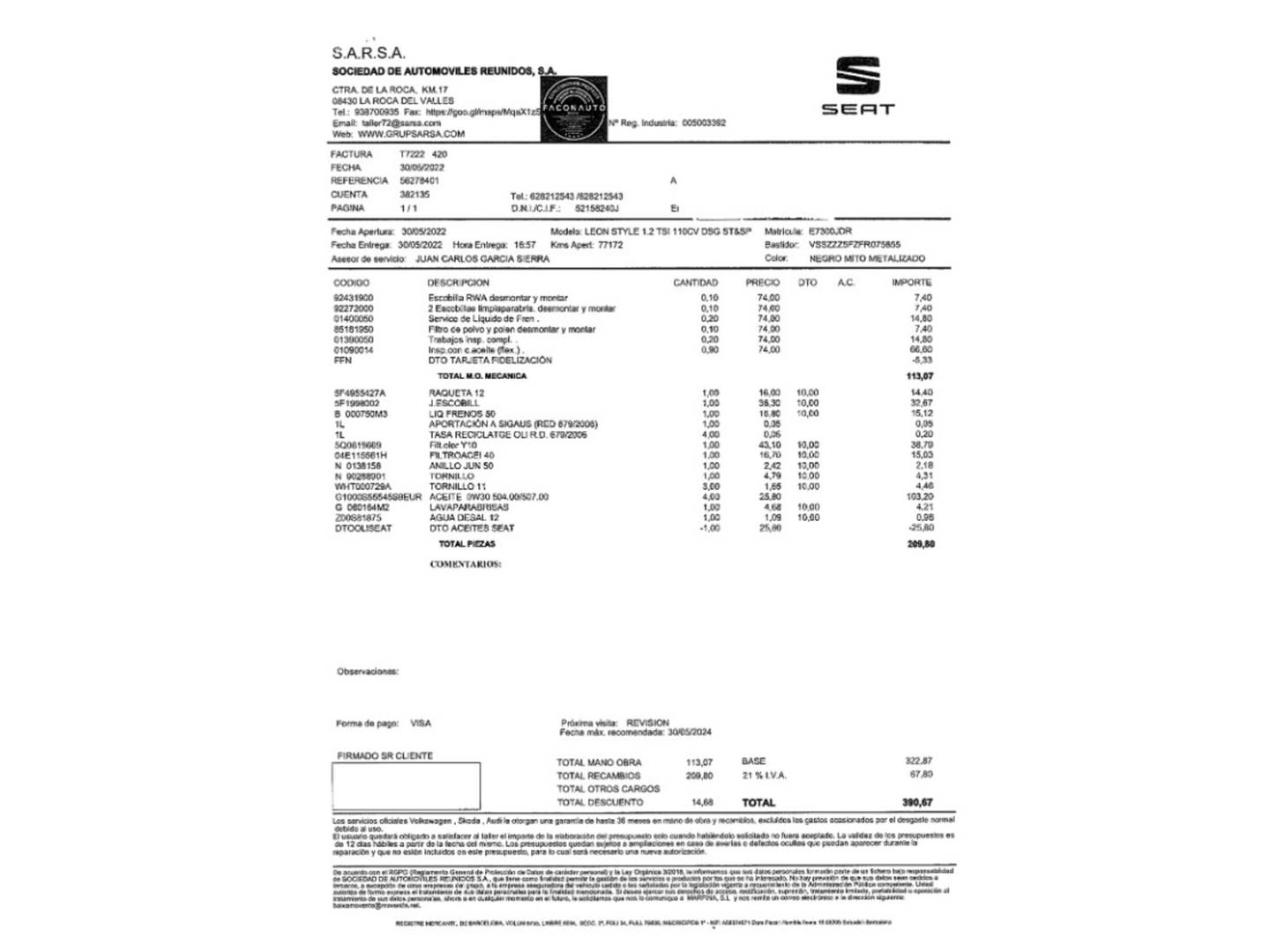 Foto del mantenimiento del Seat León Seat León 1.2 TSI S&S I-Tech DSG  (110 CV)