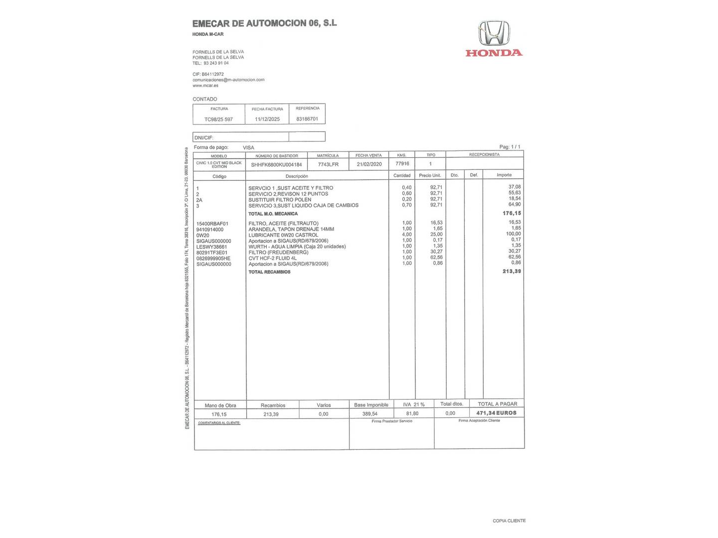 Foto del mantenimiento del Honda Civic Honda Civic 1.0 I-VTEC Turbo Dynamic Nav CVT (129 CV)