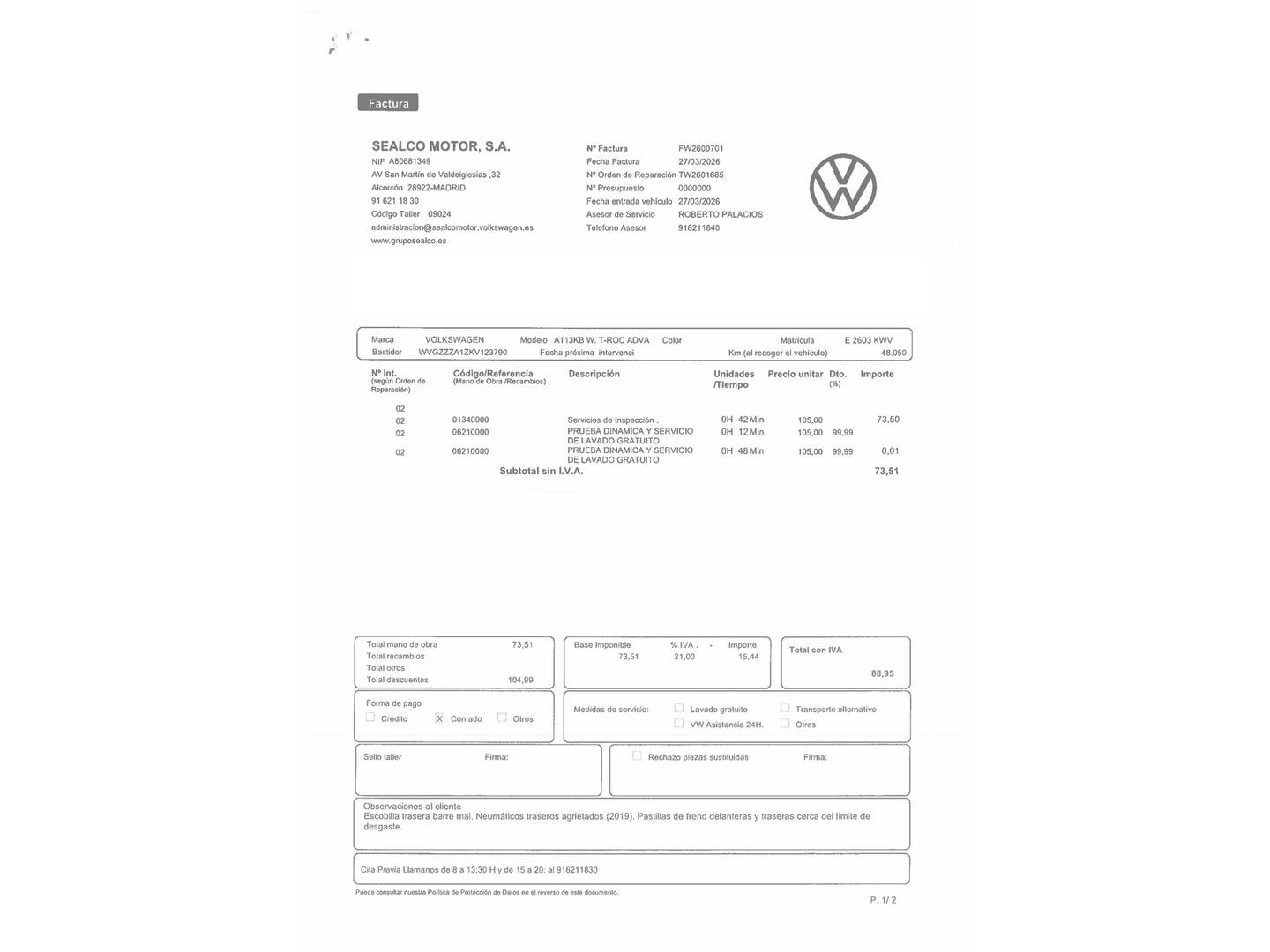 Foto del mantenimiento del Volkswagen T-Roc Volkswagen T-Roc Advance Style 1.5 TSI (150 CV)