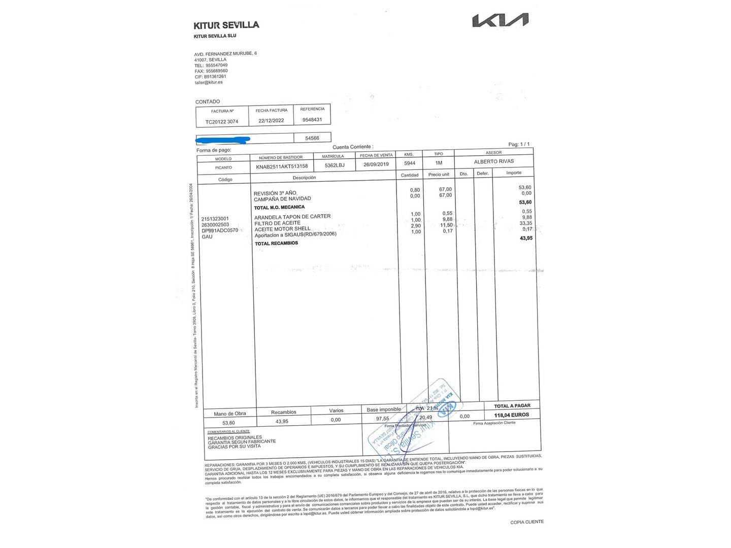 Foto del mantenimiento del KIA Picanto KIA Picanto 1.0 CVVT Concept (67 CV)