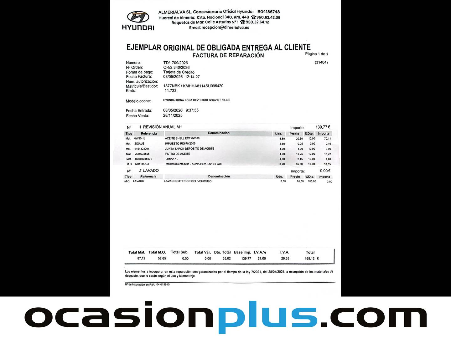 Foto del mantenimiento del Hyundai Kona Hyundai Kona 1.6 GDI HEV N Line DT (129 CV)