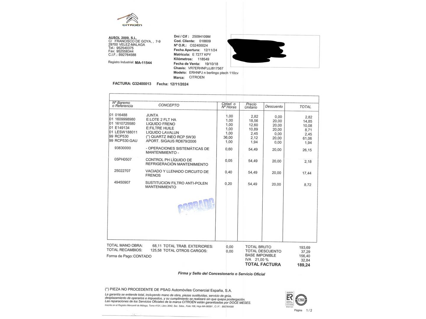 Foto del mantenimiento del Citroën Berlingo Citroën Berlingo Combi PureTech 110 S&S Talla M Feel (110 CV)