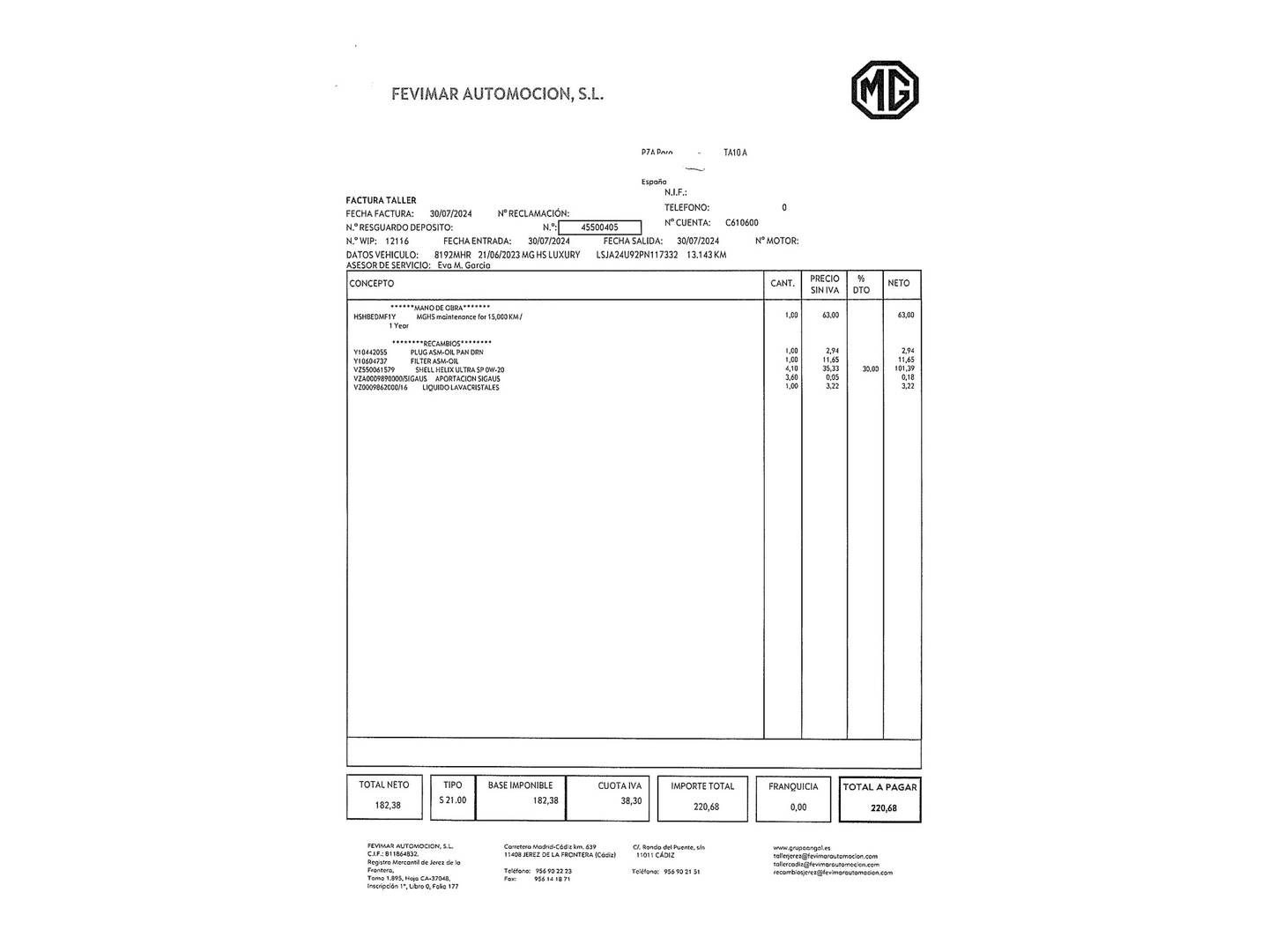 Foto del mantenimiento del MG HS MG HS 1.5 Turbo GDI Luxury DCT (162 CV)