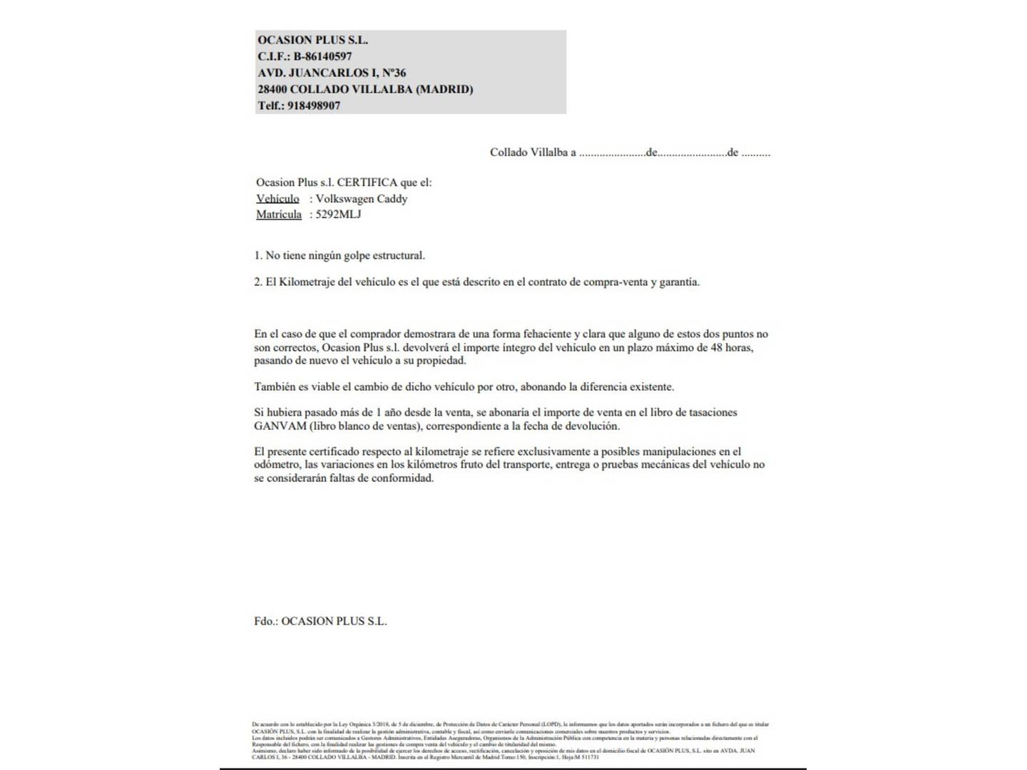 Foto del certificado del Volkswagen Caddy Volkswagen Caddy Origin 2.0 TDI(122 CV) DSG