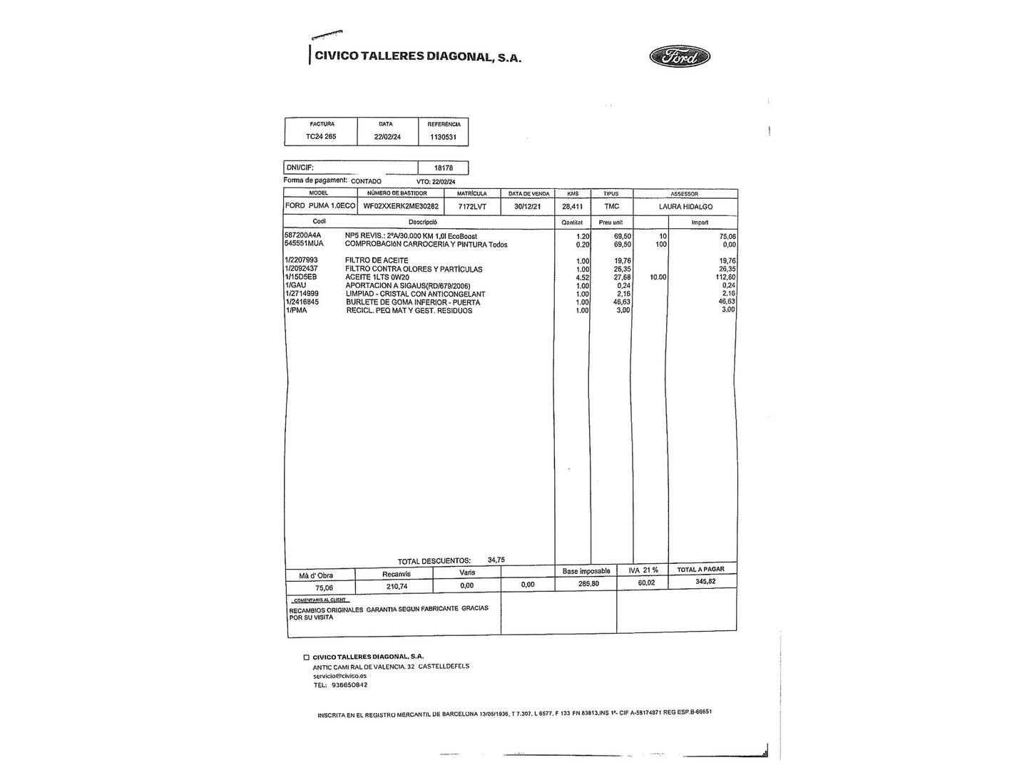 Foto del mantenimiento del Ford Puma Ford Puma 1.0 EcoBoost MHEV ST-Line X Design (125 CV)