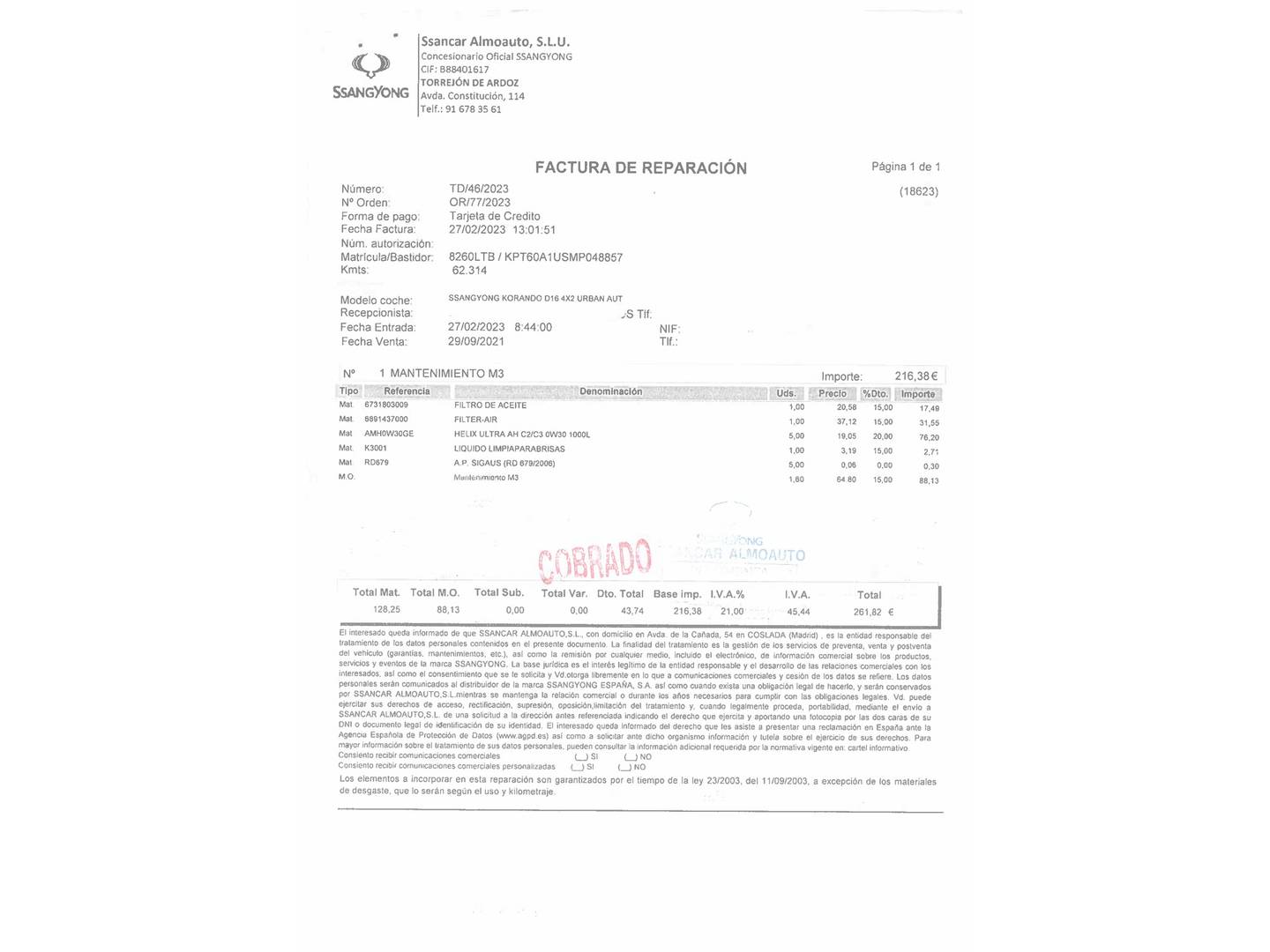 Foto del mantenimiento del SsangYong Korando SsangYong Korando D16T Urban Auto (136 CV)