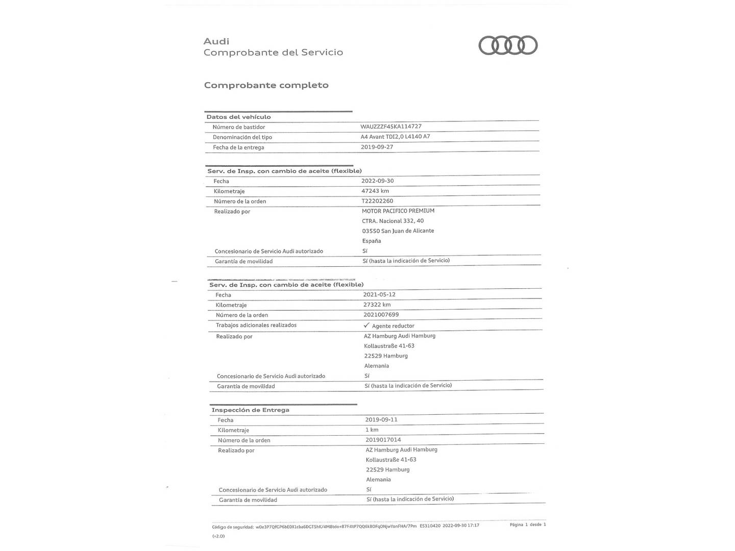 Foto del mantenimiento del Audi A4 Audi A4 Avant Advanced 40 TDI (190 CV) S tronic