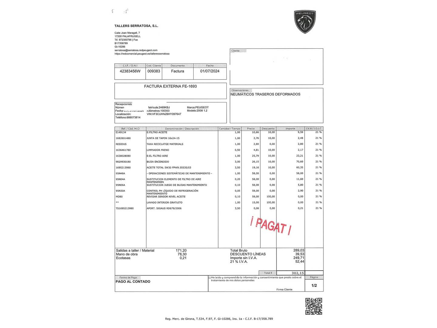 Foto del mantenimiento del Peugeot 2008 Peugeot 2008 PureTech 110 S&S GT Line (110 CV)