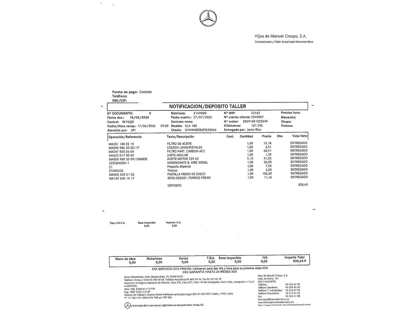 Foto del mantenimiento del Mercedes GLA Mercedes GLA 180 (136 CV)