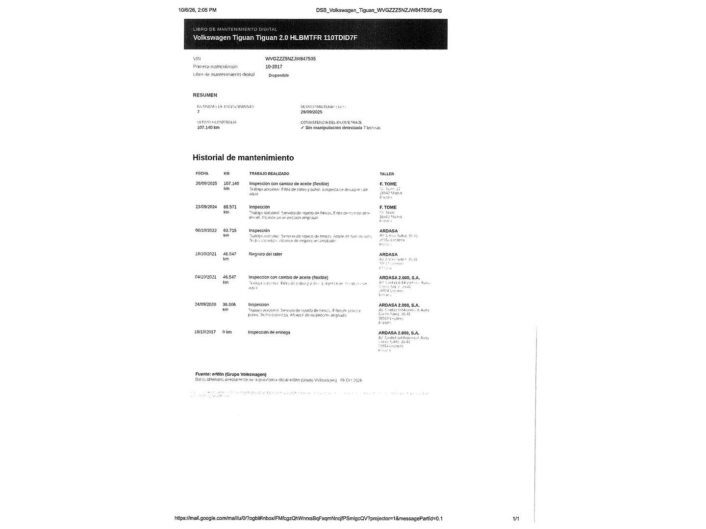 Foto del mantenimiento del Volkswagen Tiguan Volkswagen Tiguan 2.0 TDI (150 CV) DSG Pack R-Line