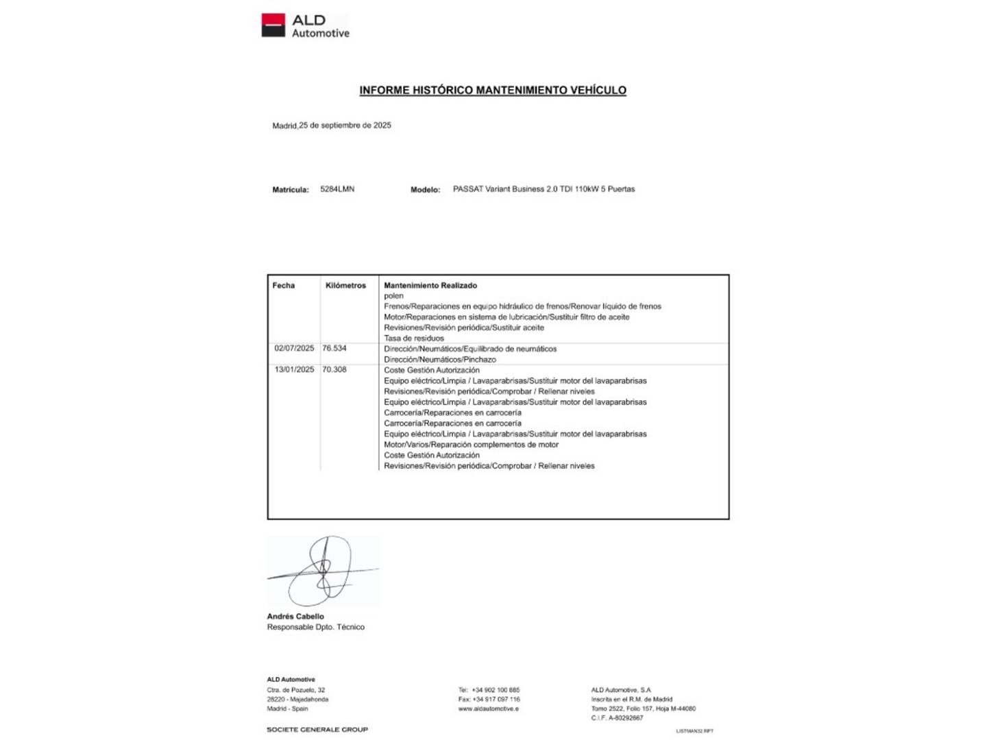 Foto del mantenimiento del Volkswagen Passat Volkswagen Passat Variant Business 2.0 TDI  (150 CV)