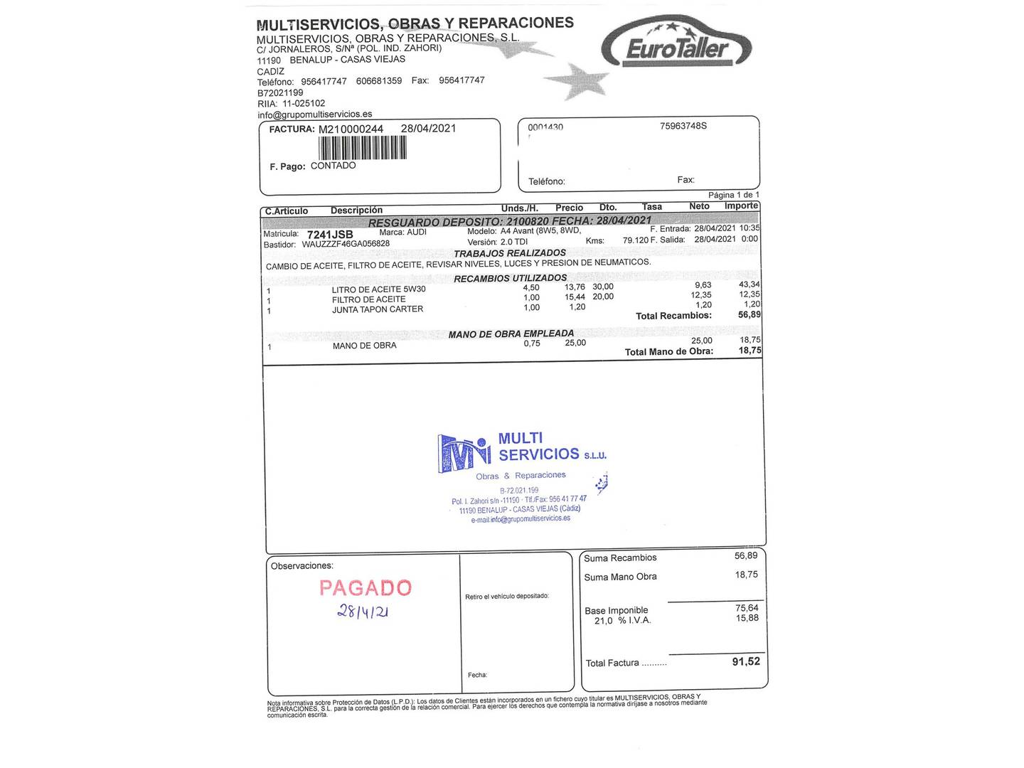 Foto del mantenimiento del Audi A4 Audi A4 Avant Advanced edition 2.0 TDI (150 CV)