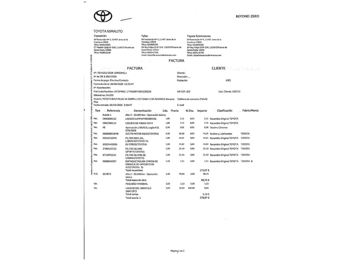 Foto del mantenimiento del Toyota Rav4 Toyota Rav4 2.5l PLUG-IN 300PH Style Plus e-CVT (306 CV)