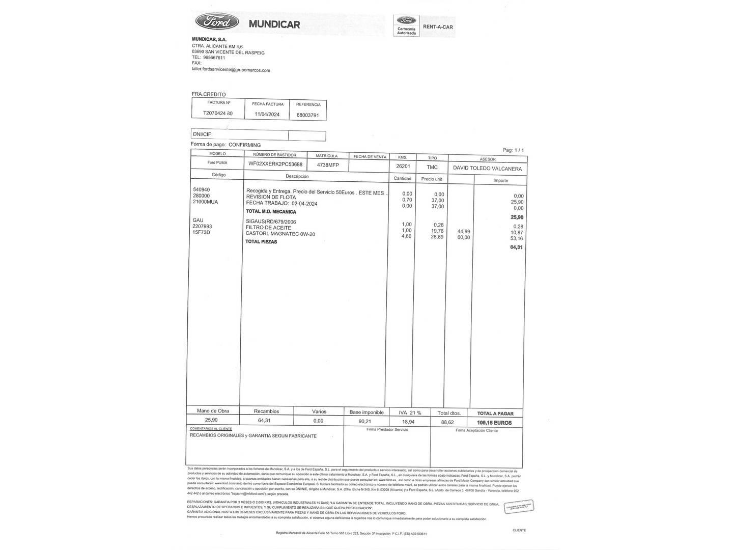 Foto del mantenimiento del Ford Puma Ford Puma 1.0 EcoBoost MHEV ST-Line X (125 CV)