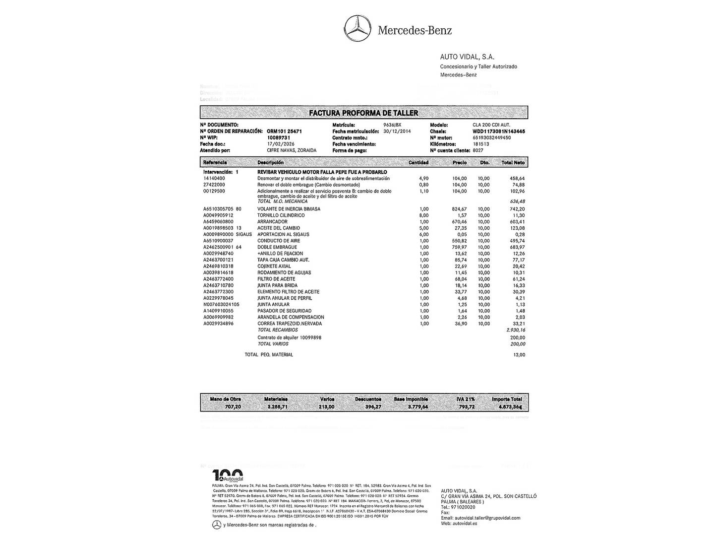 Foto del mantenimiento del Mercedes CLA Mercedes CLA 200 CDI (136 CV) Pack AMG