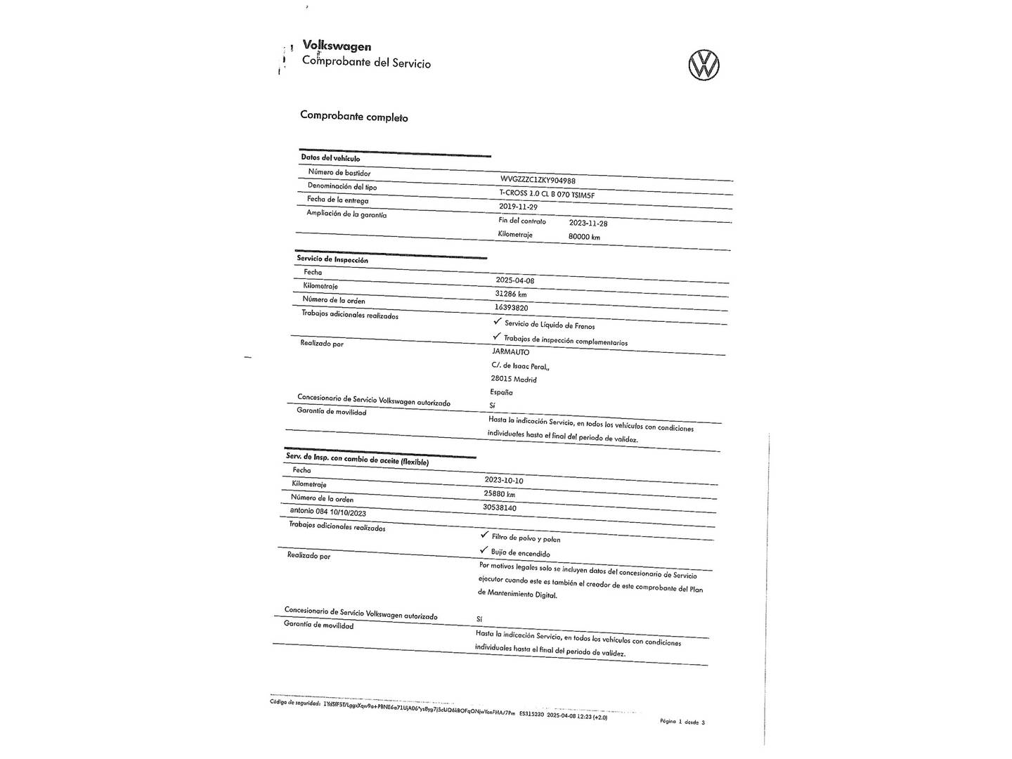 Foto del mantenimiento del Volkswagen T-Cross Volkswagen T-Cross Advance 1.0 TSI (95 CV)