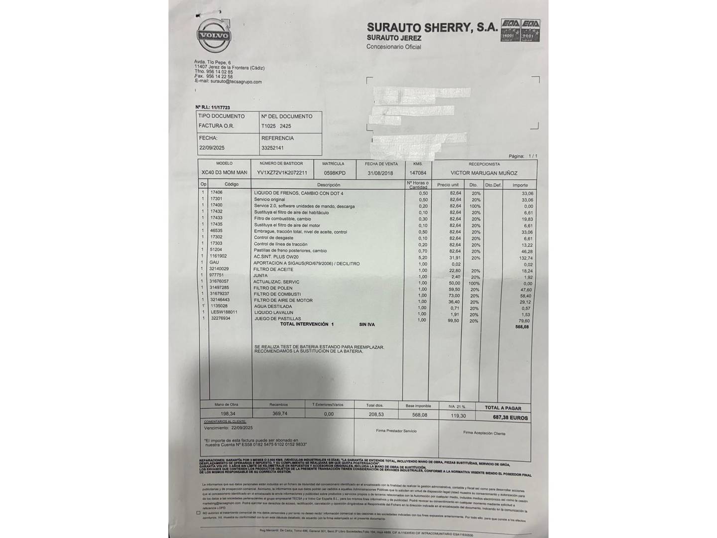 Foto del mantenimiento del Volvo XC40 Volvo XC40 D3 Momentum  (150 CV)