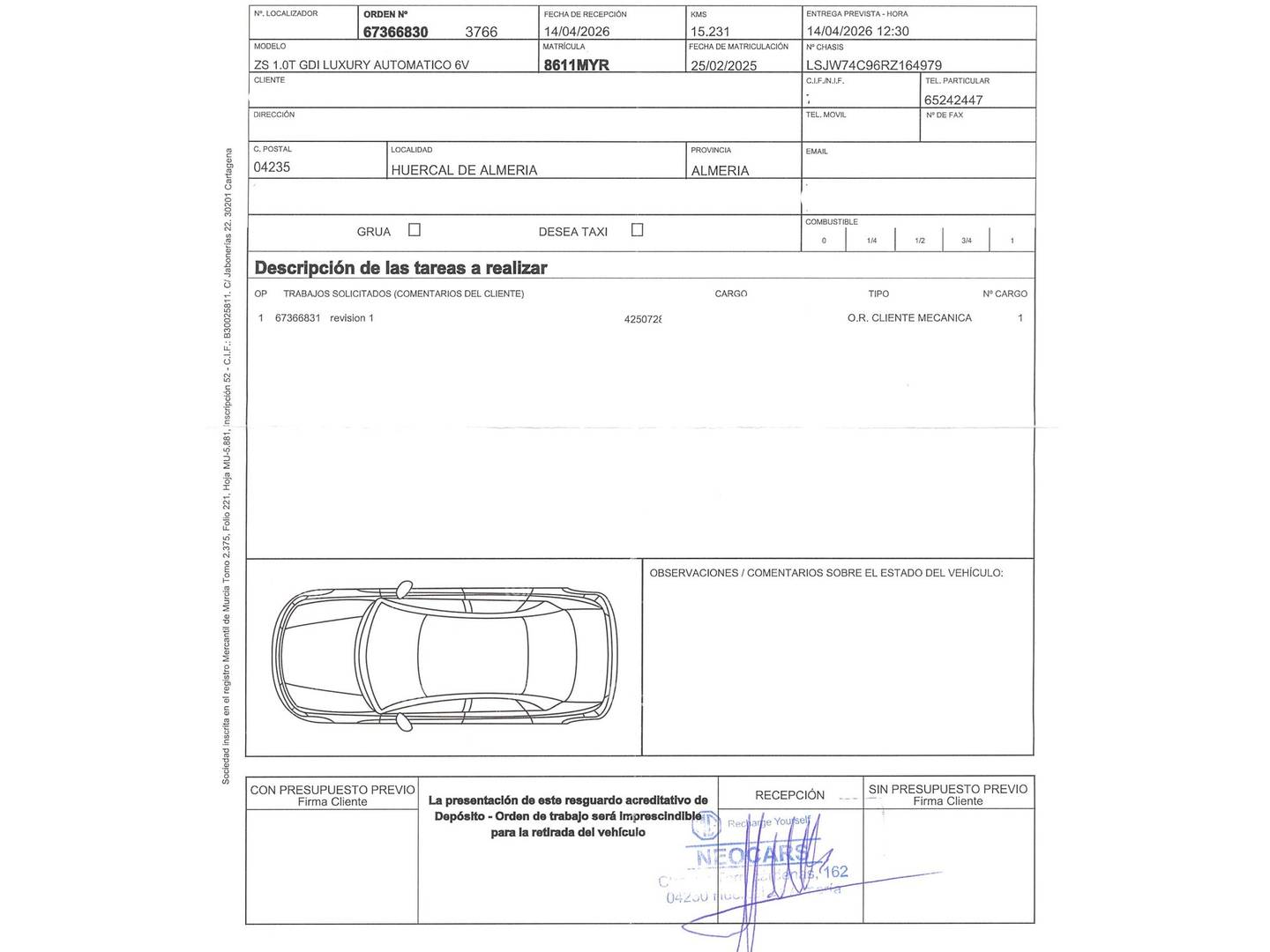Foto del mantenimiento del MG ZS MG ZS 1.0T Luxury Auto (111 CV)