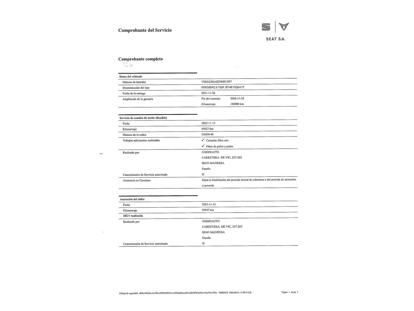 Foto del mantenimiento del Cupra Formentor Cupra Formentor 2.0 TSI 4Drive DSG (190 CV)