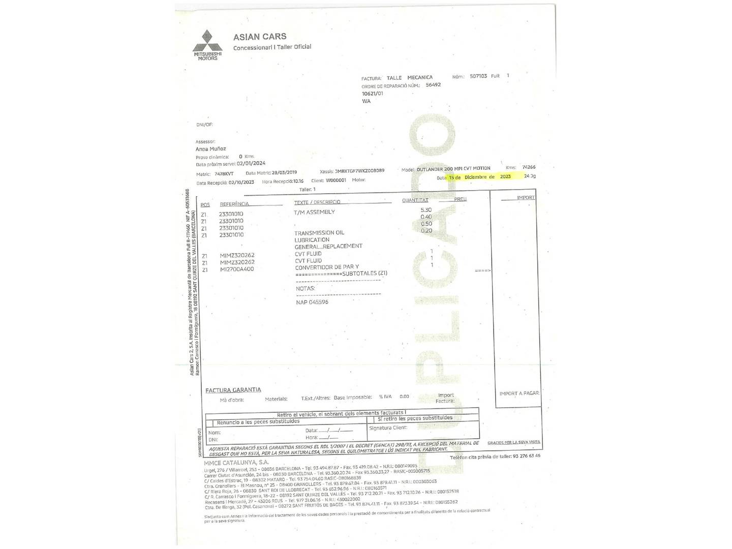 Foto del mantenimiento del Mitsubishi Outlander Mitsubishi Outlander 200 MPI Motion 2WD CVT (150 CV) 7 Plazas