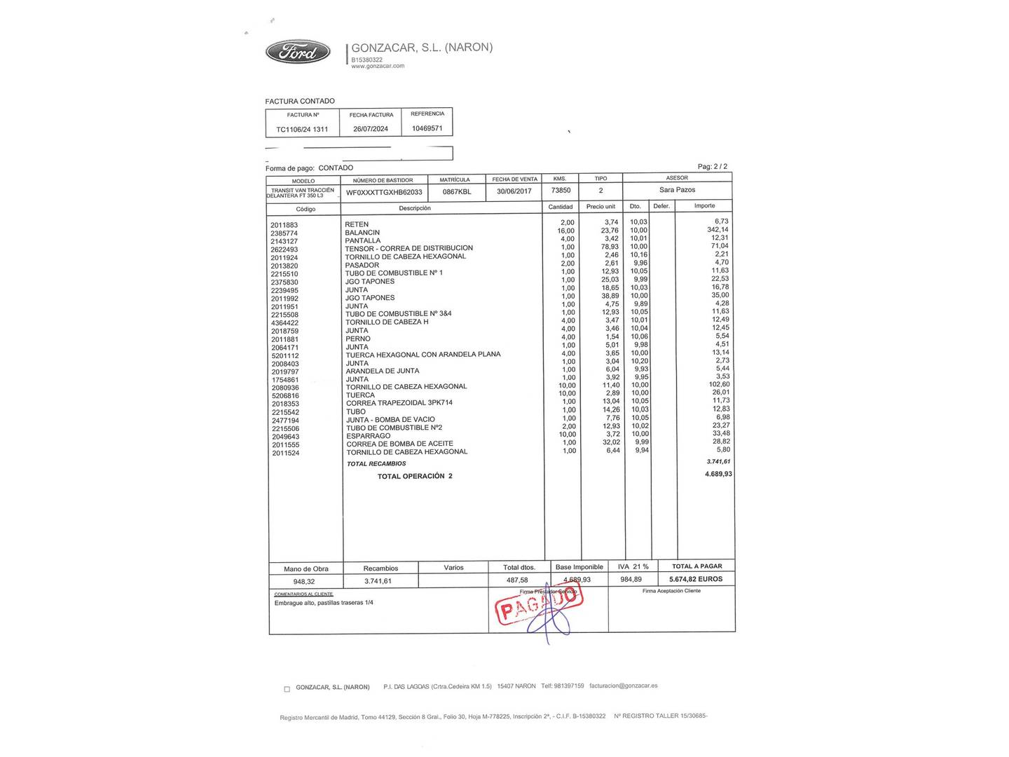 Foto del mantenimiento del Ford Transit Ford Transit Furgon 350 L3H2 Trend Delantera (130 CV)