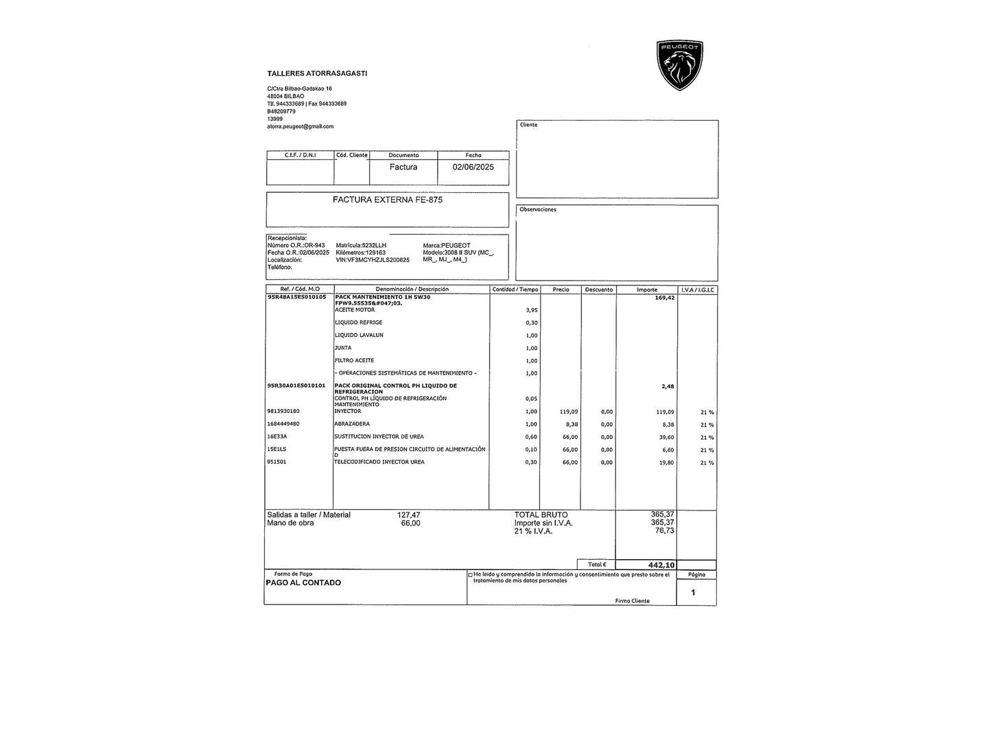 Foto del mantenimiento del Peugeot 3008 Peugeot 3008 BlueHDI 130 S&S GT Line (130 CV)