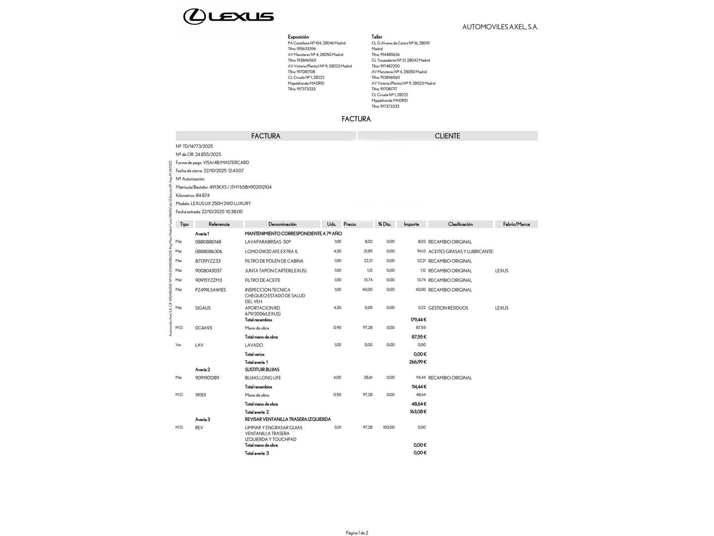 Foto del mantenimiento del Lexus UX Lexus UX 250h Luxury (184 CV)