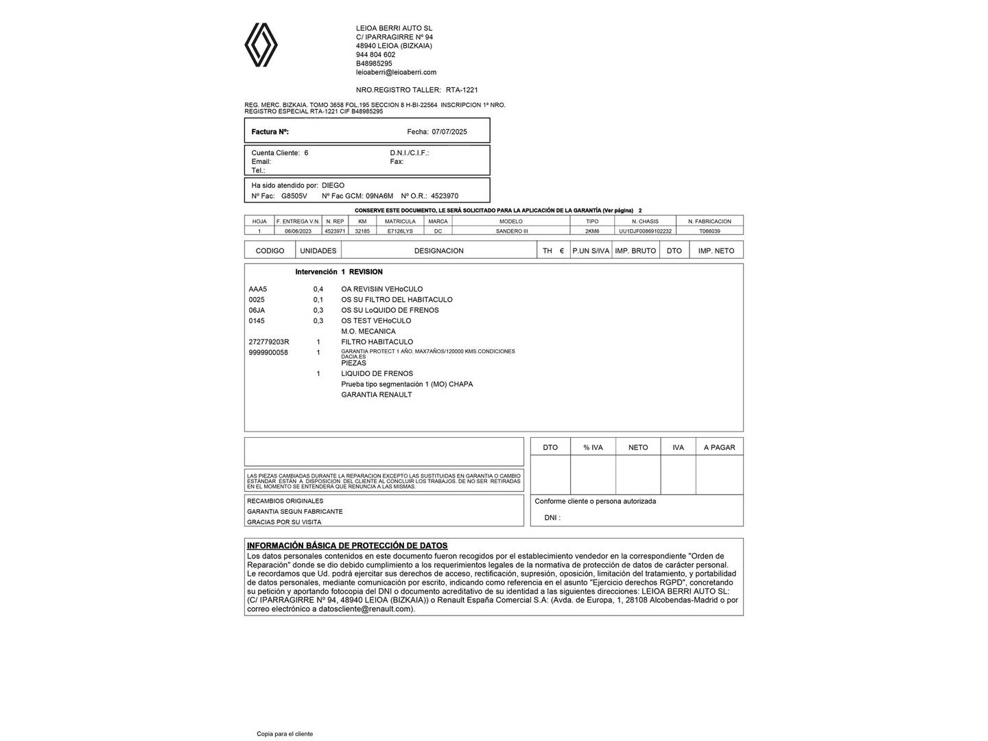 Foto del mantenimiento del Dacia Sandero Dacia Sandero Stepway Comfort TCe (91 CV)