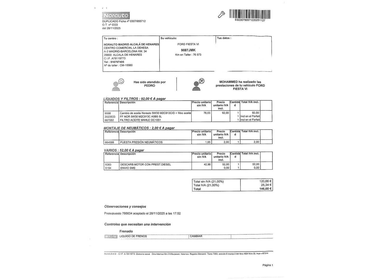 Foto del mantenimiento del Ford Fiesta Ford Fiesta 1.25 Duratec Trend (82 CV)