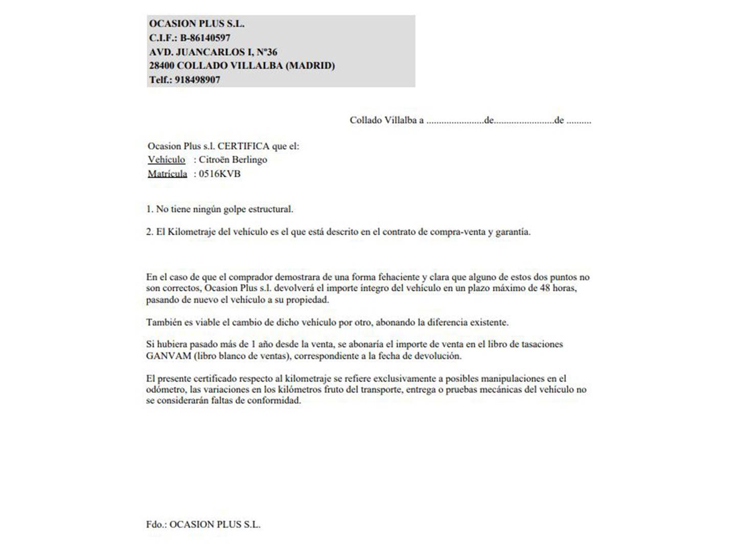 Foto del certificado del Citroën Berlingo Citroën Berlingo Combi PureTech 110 S&S Talla M Live (110 CV)