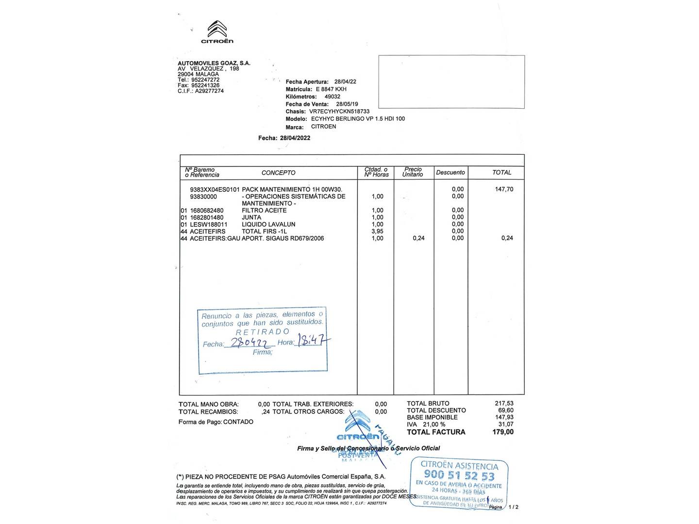Foto del mantenimiento del Citroën Berlingo Citroën Berlingo BlueHDi 100 S&S Talla M Shine (100 CV)