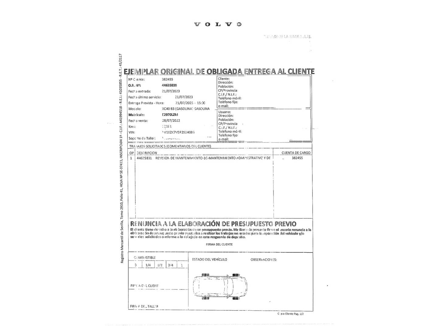 Foto del mantenimiento del Volvo XC40 Volvo XC40 B3 Gasolina Mild hybrid Plus Dark Auto (163 CV)