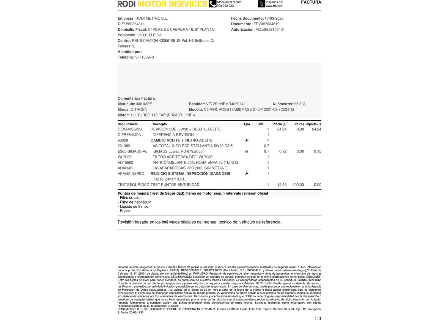 Foto del mantenimiento del Citroën C3 Aircross Citroën C3 Aircross PureTech 110 S&S Plus (110 CV)