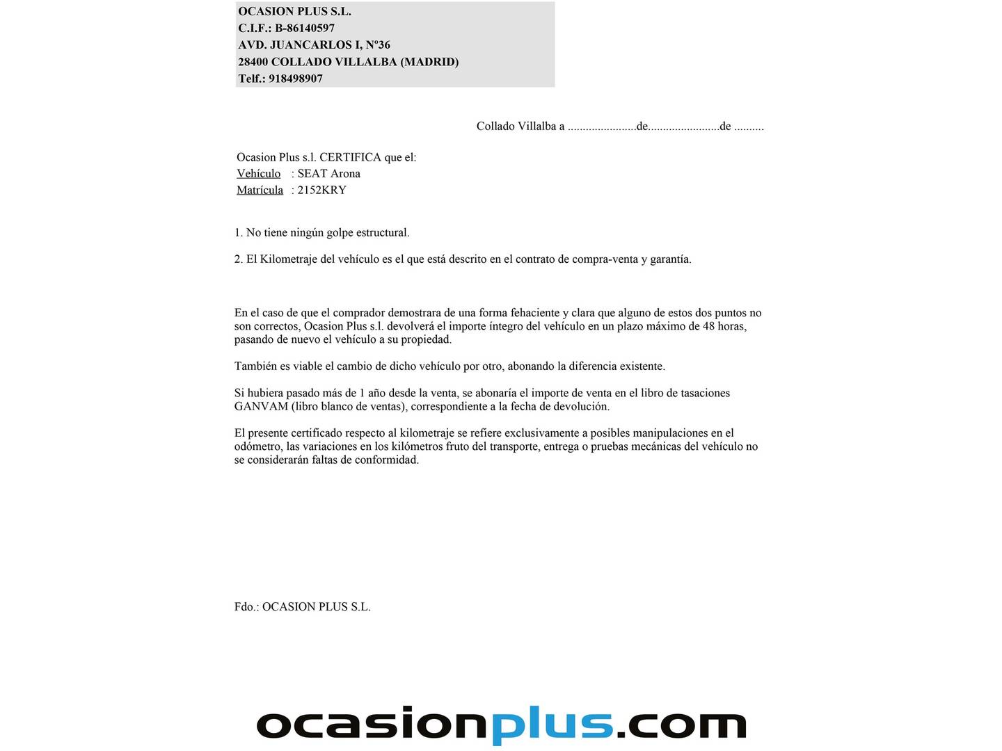 Foto del certificado del Seat Arona Seat Arona 1.0 TSI Ecomotive S&S Xcellence Edition DSG (115 CV)