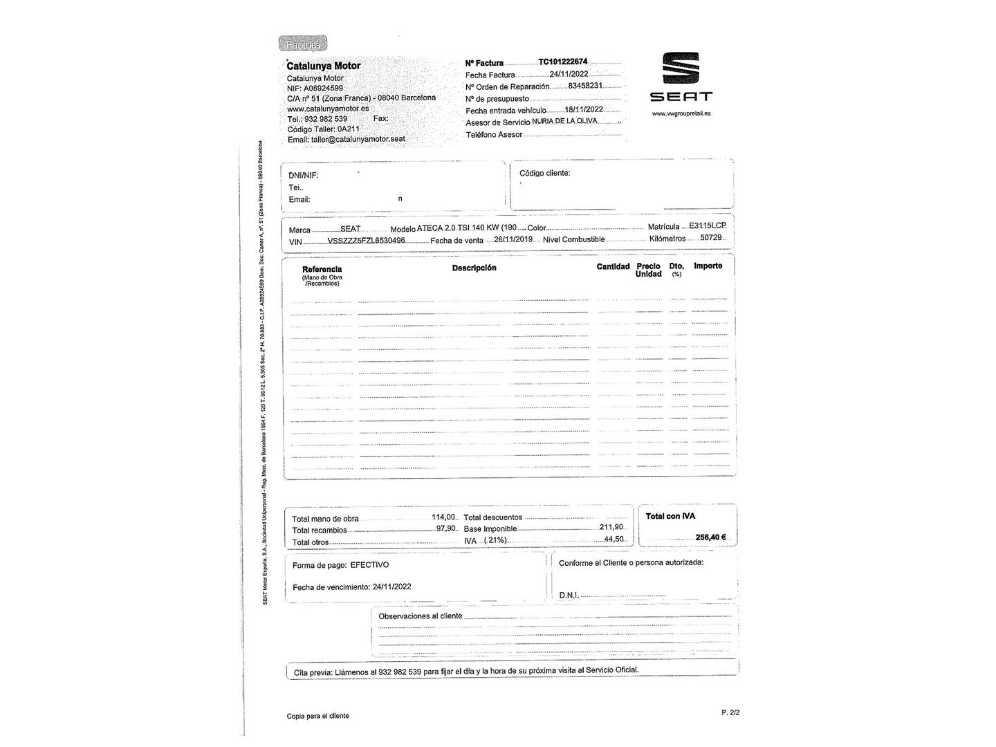 Foto del mantenimiento del Seat Ateca SEAT Ateca 2.0 TSI S&S Xcellence 4Drive DSG (190 CV)