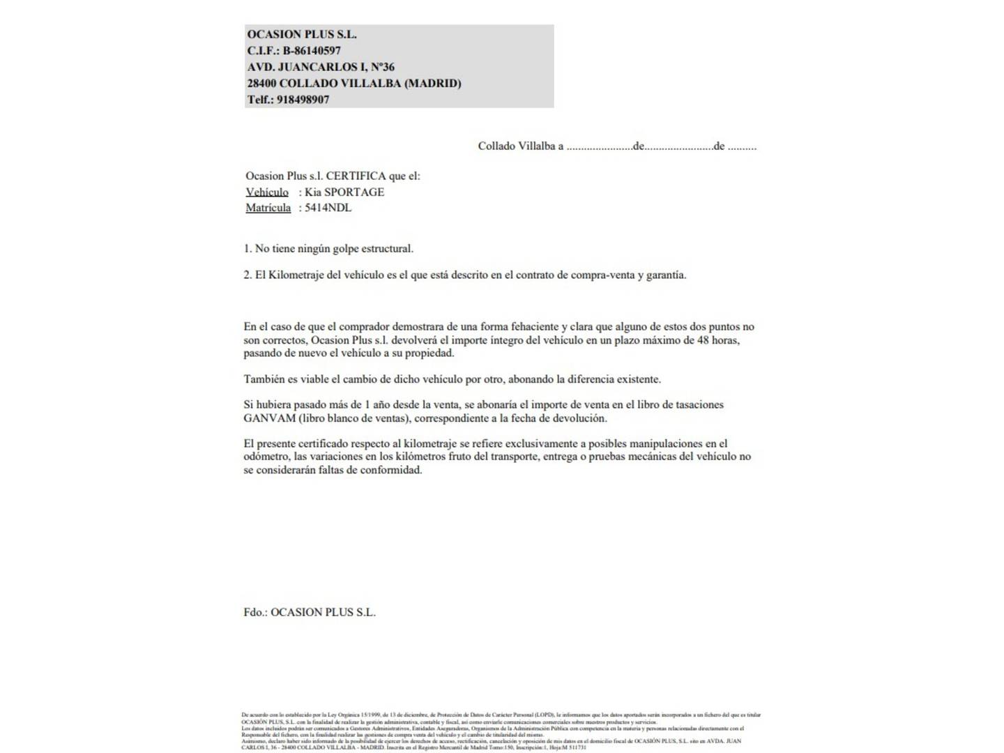 Foto del certificado del KIA Sportage Kia Sportage 1.6 CRDi MHEV Business 4x2 DCT (136 CV)