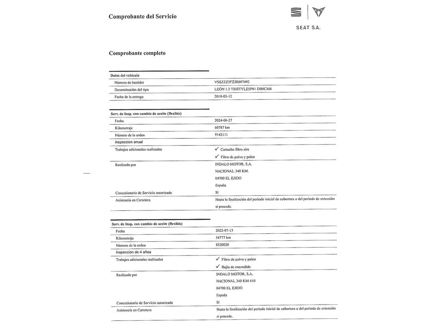 Foto del mantenimiento del Seat León SEAT León 1.2 TSI S&S Style (110 CV)