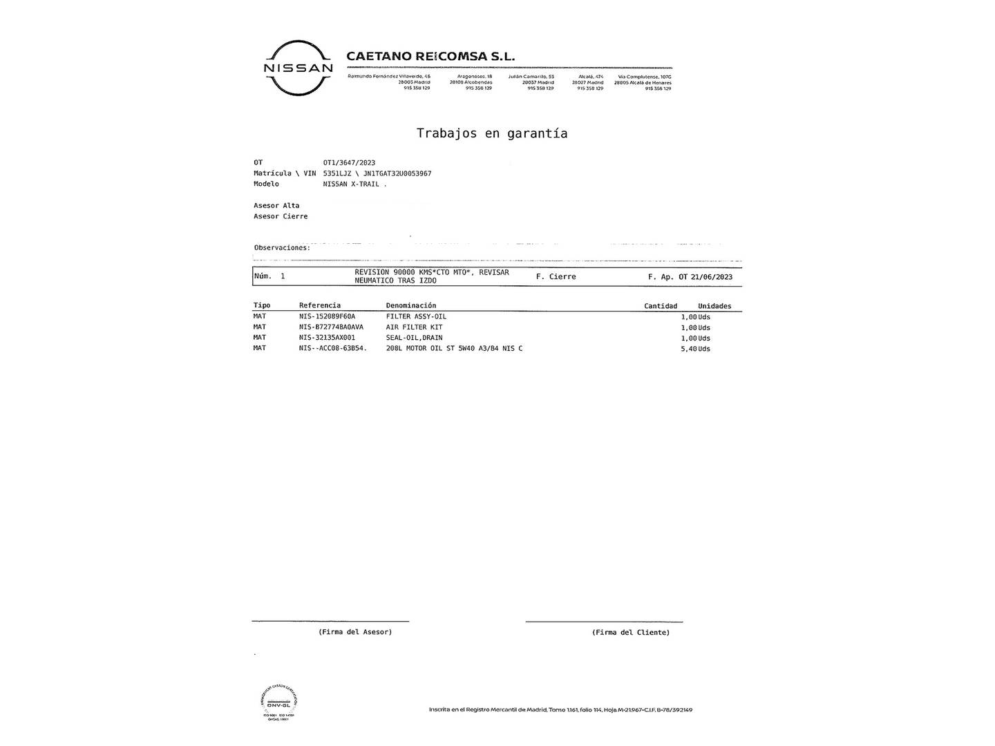 Foto del mantenimiento del Nissan X-TRAIL Nissan X-Trail DIG-T 160 N-Connecta 4x2 DCT (160 CV)