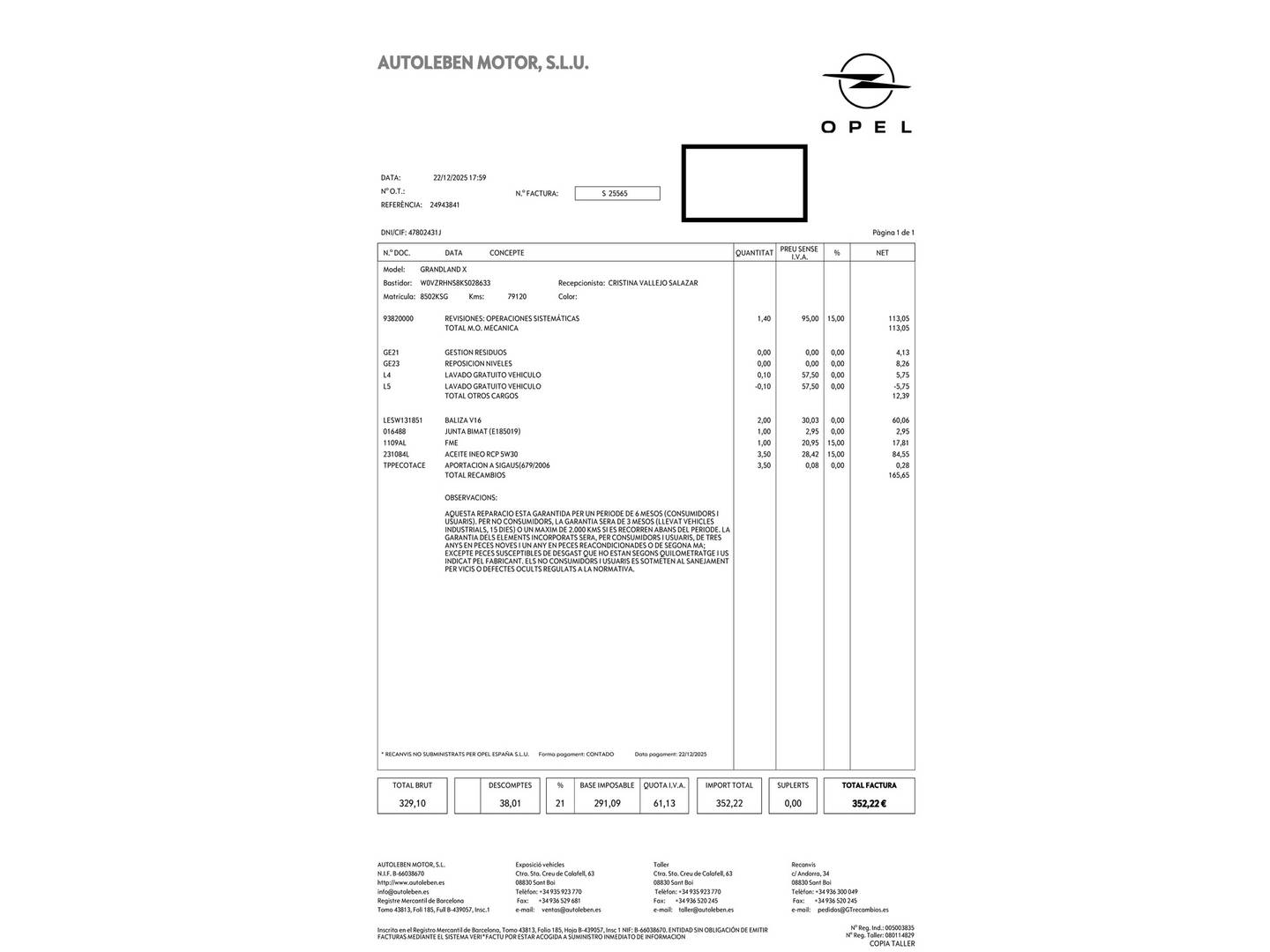 Foto del mantenimiento del Opel Grandland X Opel Grandland X 1.2 Turbo S&S Design Line Auto (130 CV)