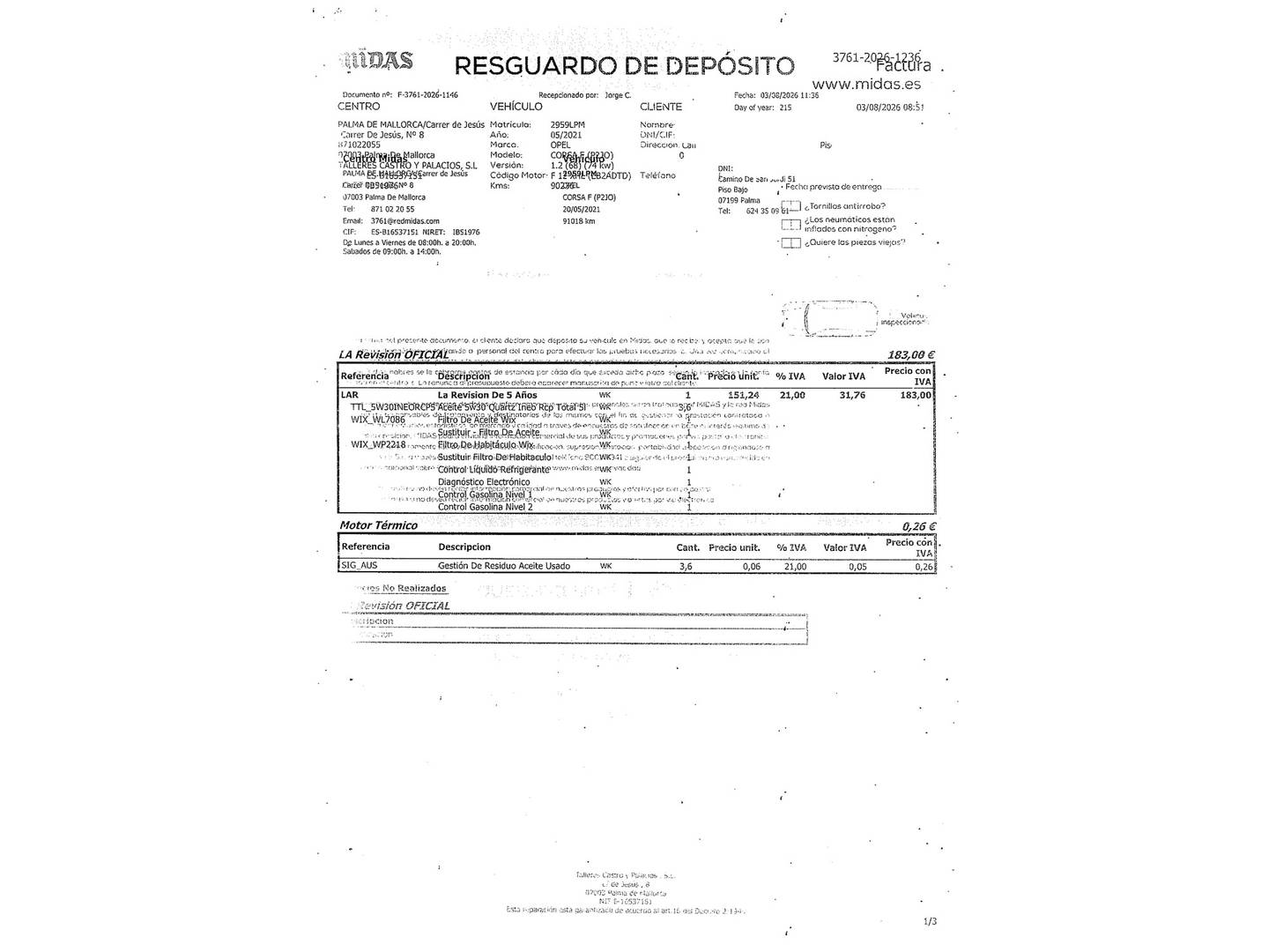 Foto del mantenimiento del Opel Corsa Opel Corsa 1.2 Turbo XHL Elegance (100 CV)