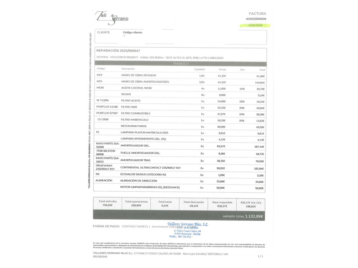 Foto del mantenimiento del Seat Altea XL Seat Altea XL 1.4 TSI Style (125 CV)