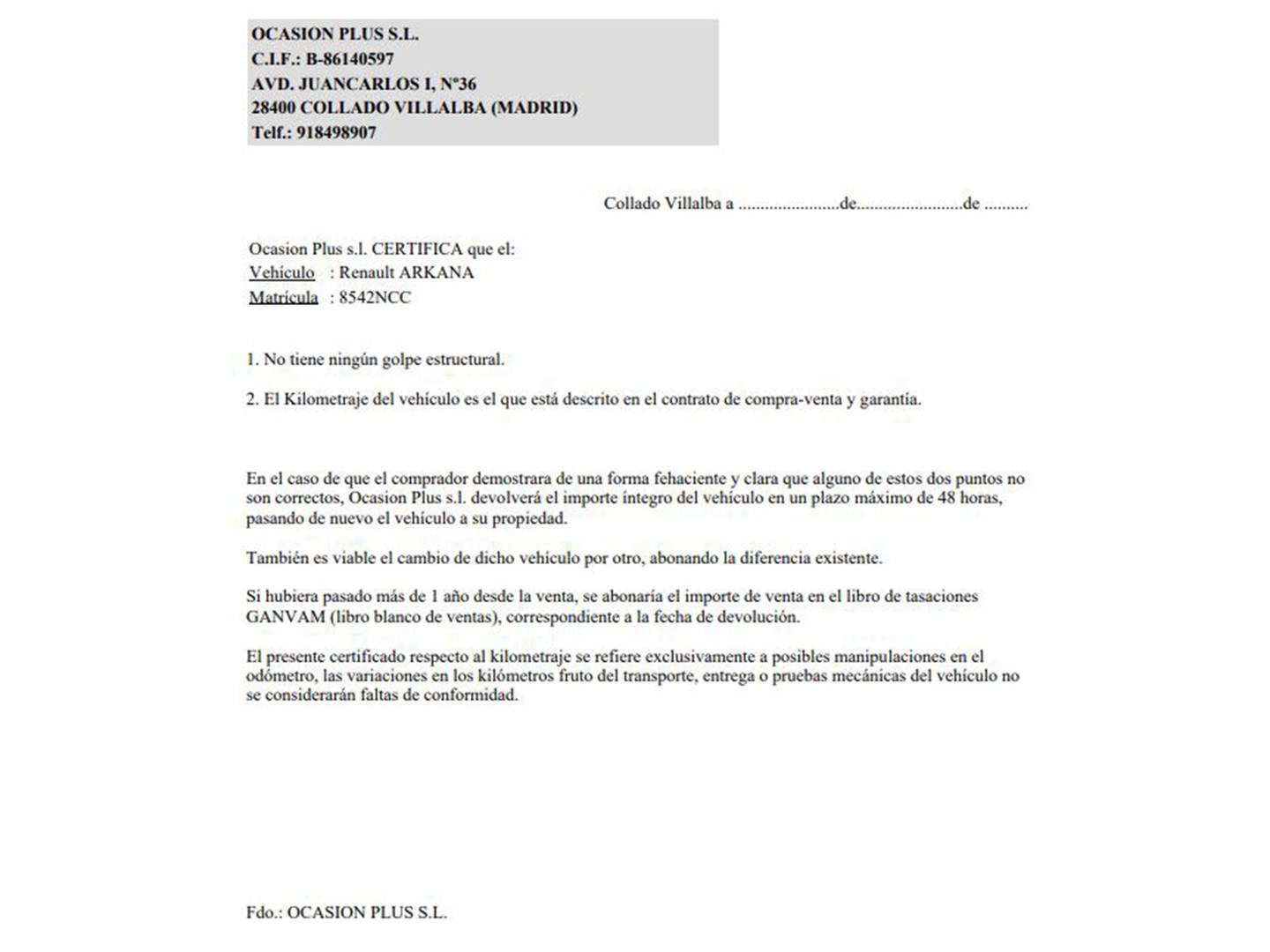Foto del certificado del Renault Arkana Renault Arkana Techno TCe 140 mild hybrid (140 CV) EDC