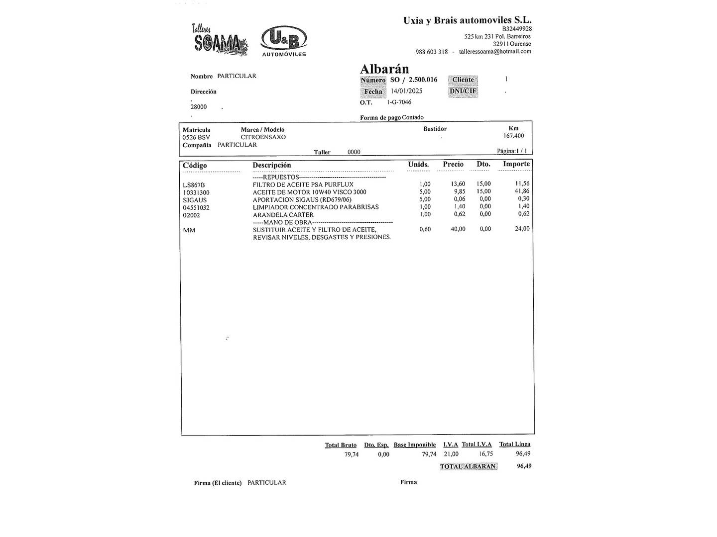 Foto del mantenimiento del Citroën Saxo Citroen Saxo 1.5 D SX (58 CV)