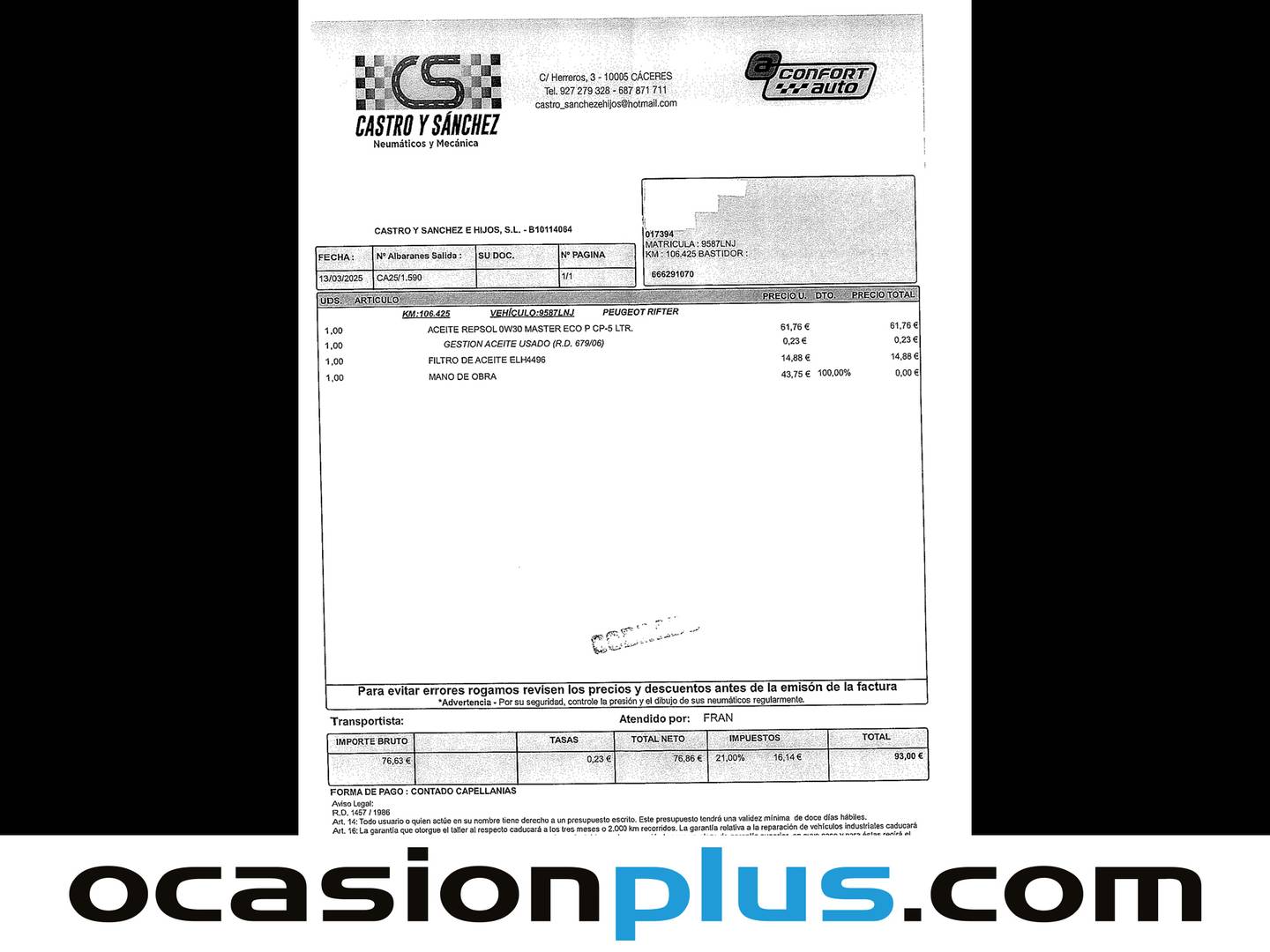 Foto del mantenimiento del Peugeot Rifter Peugeot Rifter BlueHDi 130 Allure Pack Standard (130 CV)