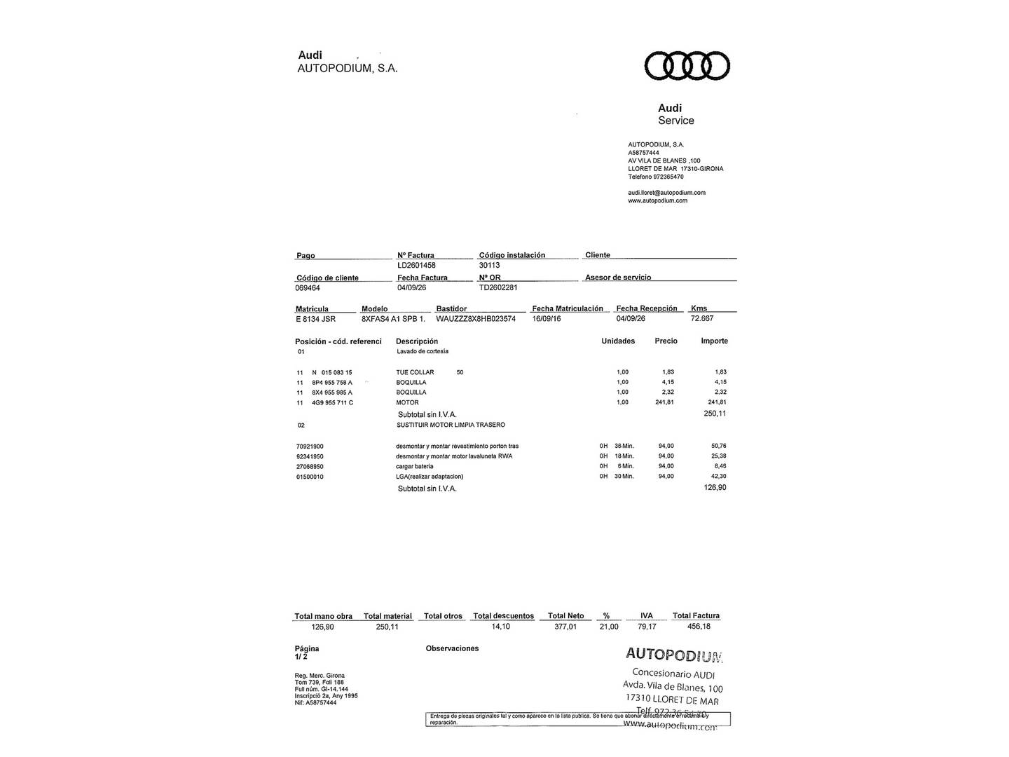 Foto del mantenimiento del Audi A1 Audi A1 Sportback Adrenalin 1.0 TFSI (95 CV)
