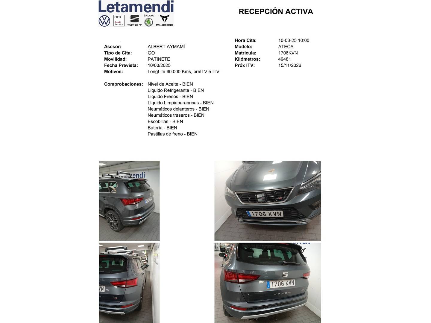 Foto del mantenimiento del Seat Ateca Seat Ateca 1.5 TSI S&S FR Plus (150 CV)
