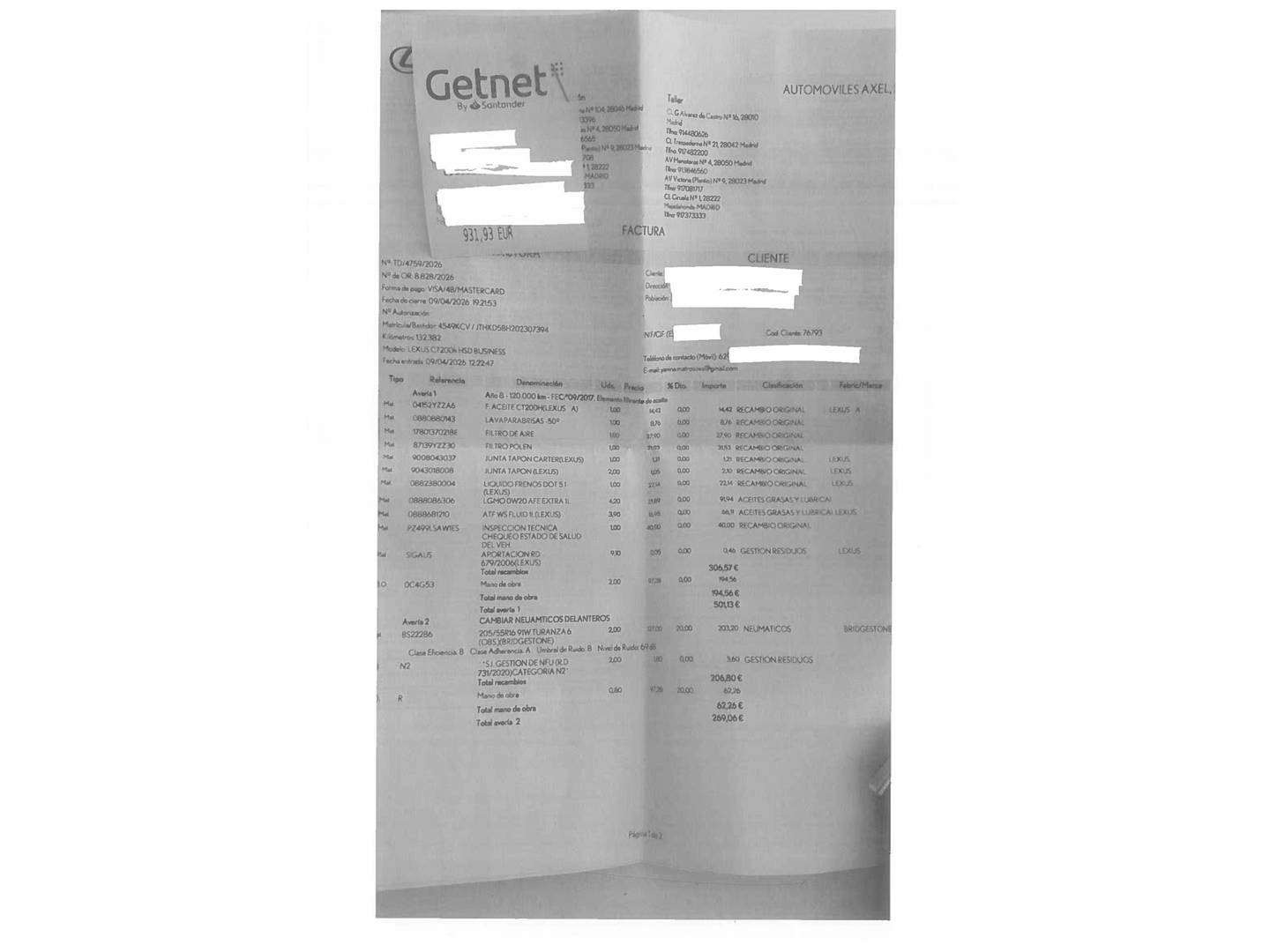 Foto del mantenimiento del Lexus CT Lexus CT 200h Business (136 CV)